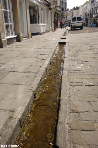 Water conduit running along Blue Lias limestone flags, fed by springs by Wells Cathedral.