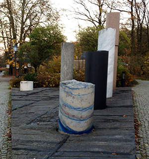 The geological monoliths in the grounds of GFZ, Potsdam where the ICDP Science Conference was held. Note the large column of marble with blue (azurite?) veining.