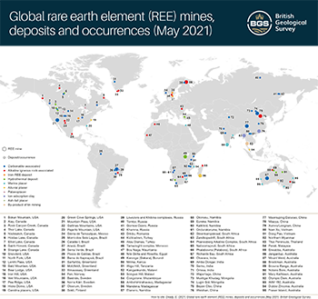 Global rare earth element mines, deposits and occurrences map