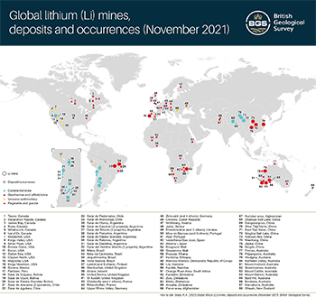 Global lithium mines, deposits and occurrences map