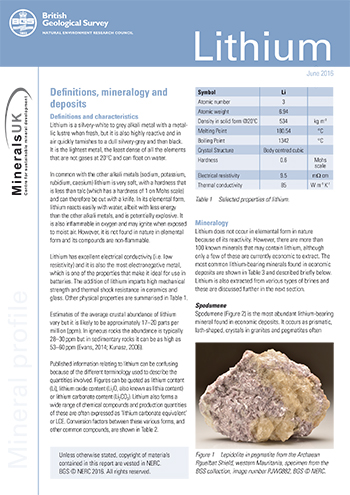 Download Mineral Commodity Profile – Lithium. BGS©NERC