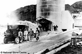Old lime kiln, Callow Rock Quarry with steam lorry, Cheddar, in the 1930s