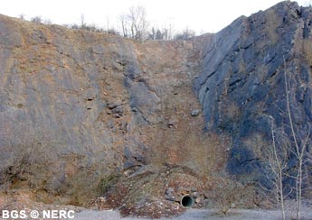 The piped entrance to Shatter Cave, Fairy Cave Quarry. The Withybrook Fault forms the quarry face to the left of the cave