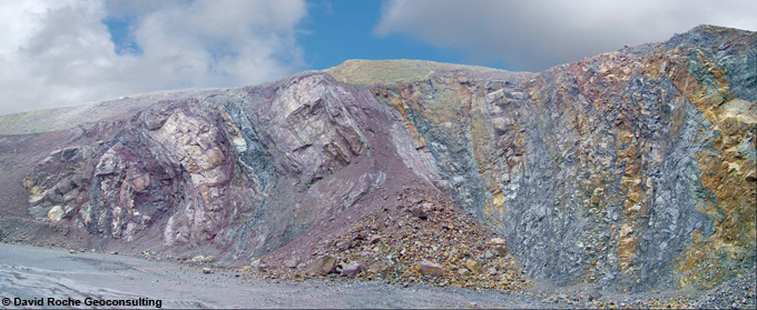 Silurian volcanic rocks exposed in Moon's Hill Quarry (click to enlarge view).