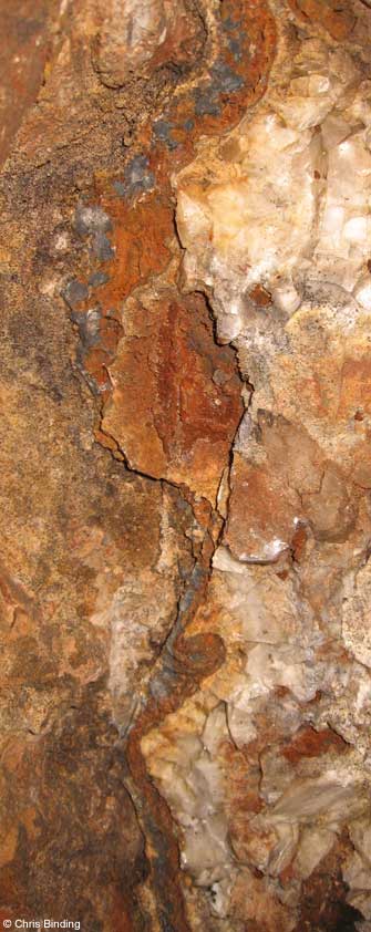 Galena (grey), haematite (red-orange) and calcite (white) in mineral vein, Shipham.
© Chris Binding.