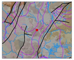 Map of Heathlanes showing geology and water level contours.