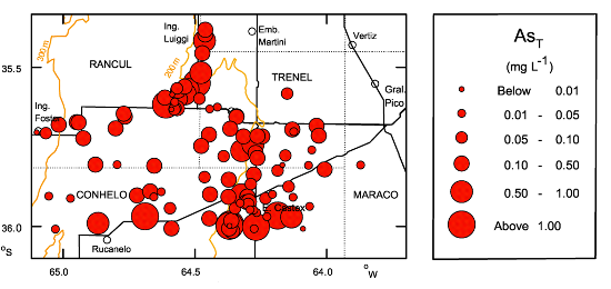 Map showing the distribution of total arsenic (AsT) in shallow groundwaters from the loess aquifer of La Pampa