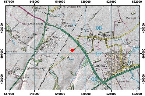Topographic map with hillshade of the area around Aylesby