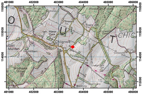 Topographic map with hillshade of the area around Chilgrove House
