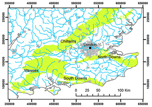 Figure 1 Location of Chalk outcrop (green), rivers (blue) and urban areas (grey)