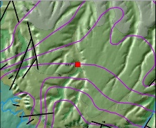 Map of Little Bucket Farm showing geology and water level contours