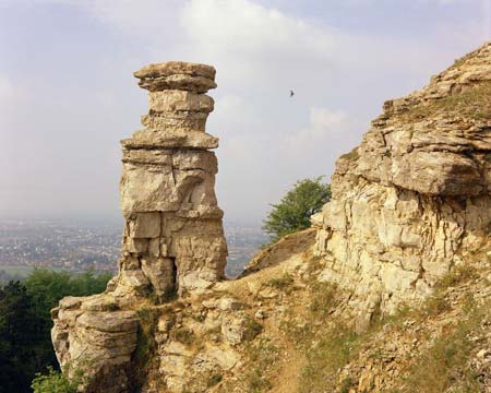 Leckhampton Hill. Looking north.  The Devil's Chimney, Leckhampton Hill. Quarried Lower Inferior Oolite.