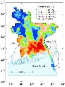 Distribution of arsenic in Bangladesh groundwater (BGS and DPHE, 2001)