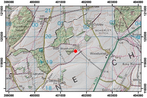 Topographic map with hillshade of the area around West Woodyates Manor