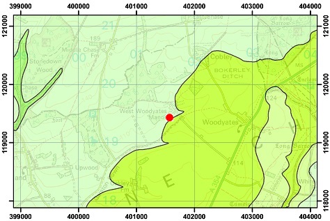 Geological map of the area around West Woodyates Manor (click for key)