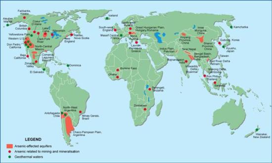 Map showing documented problems with arsenic in groundwater and the environment
