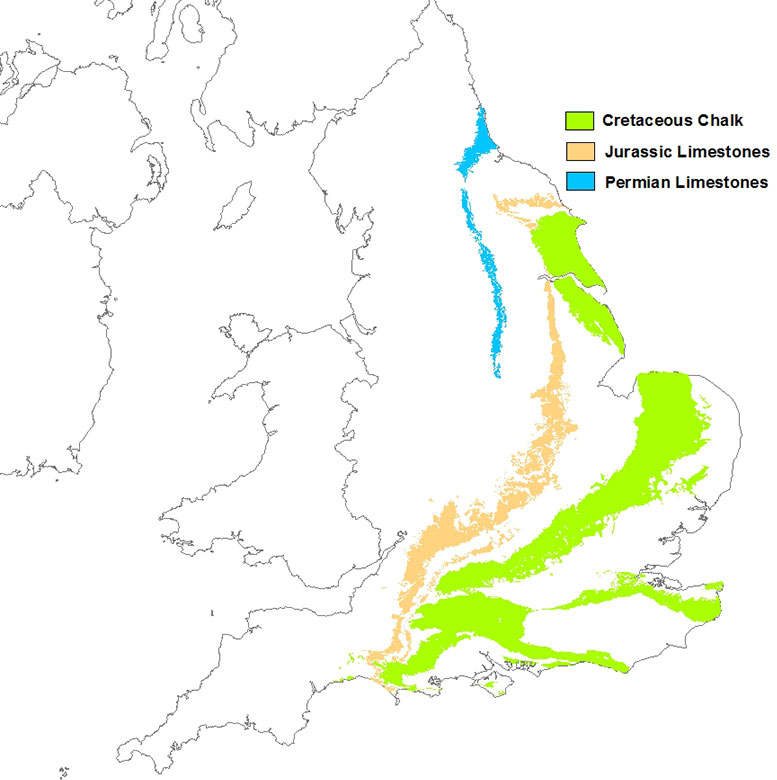 Chalk and Jurassic and Permian limestones in England