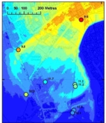 Map showing average water levels measured in boreholes compared to ground surface. Groundwater is very close to surface.