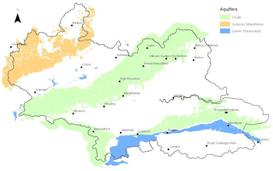 Geological map showing the major aquifers of the Thames Basin