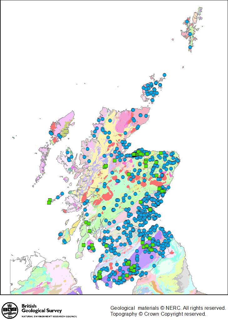 Spatial coverage of Baseline Scotland groundwater chemistry data: for bedrock aquifers (blue circles) and Quaternary aquifers (green squares).