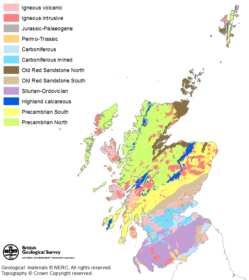 Major bedrock aquifer units in Scotland, which show distinctly different baseline groundwater chemistry