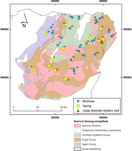 Coverage of baseline sampling in Aberdeenshire against the 625K geology map of the region