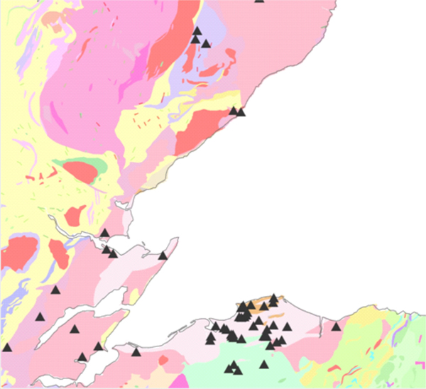 Coverage of baseline sampling in the Moray Firth against a simplified 1: 625 000 scale geology map.