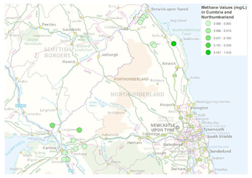 Methane samples and concentrations in Cumbria and Northumberland.
