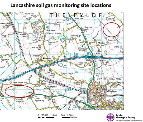 Lancashire soil gas monitoring; soil gas monitoring sites are ringed in red.