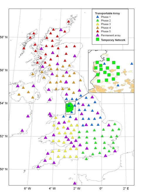 Network of seismometers in the UKArray with inset of stations in north west England