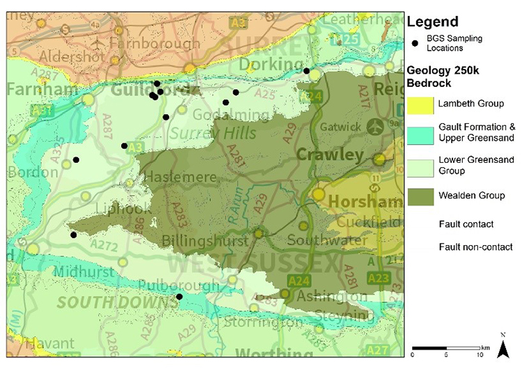 Distribution of BGS groundwater sampling sites in the Lower Greensand aquifer of Sussex and Surrey.