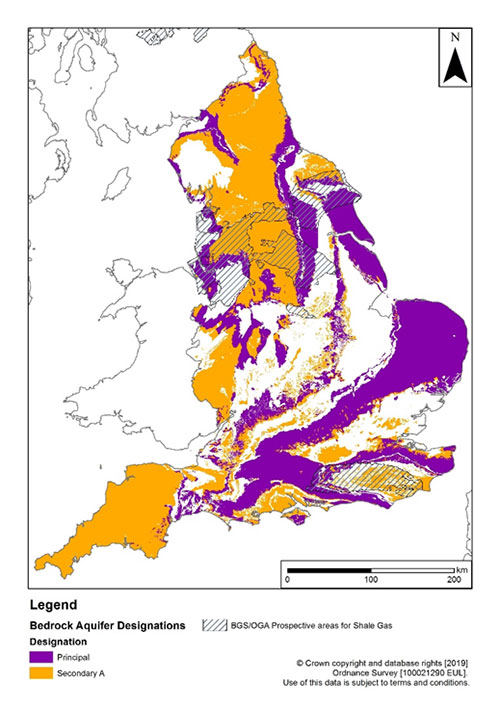 Aquifers of England with prospective areas for onshore oil and gas activities.