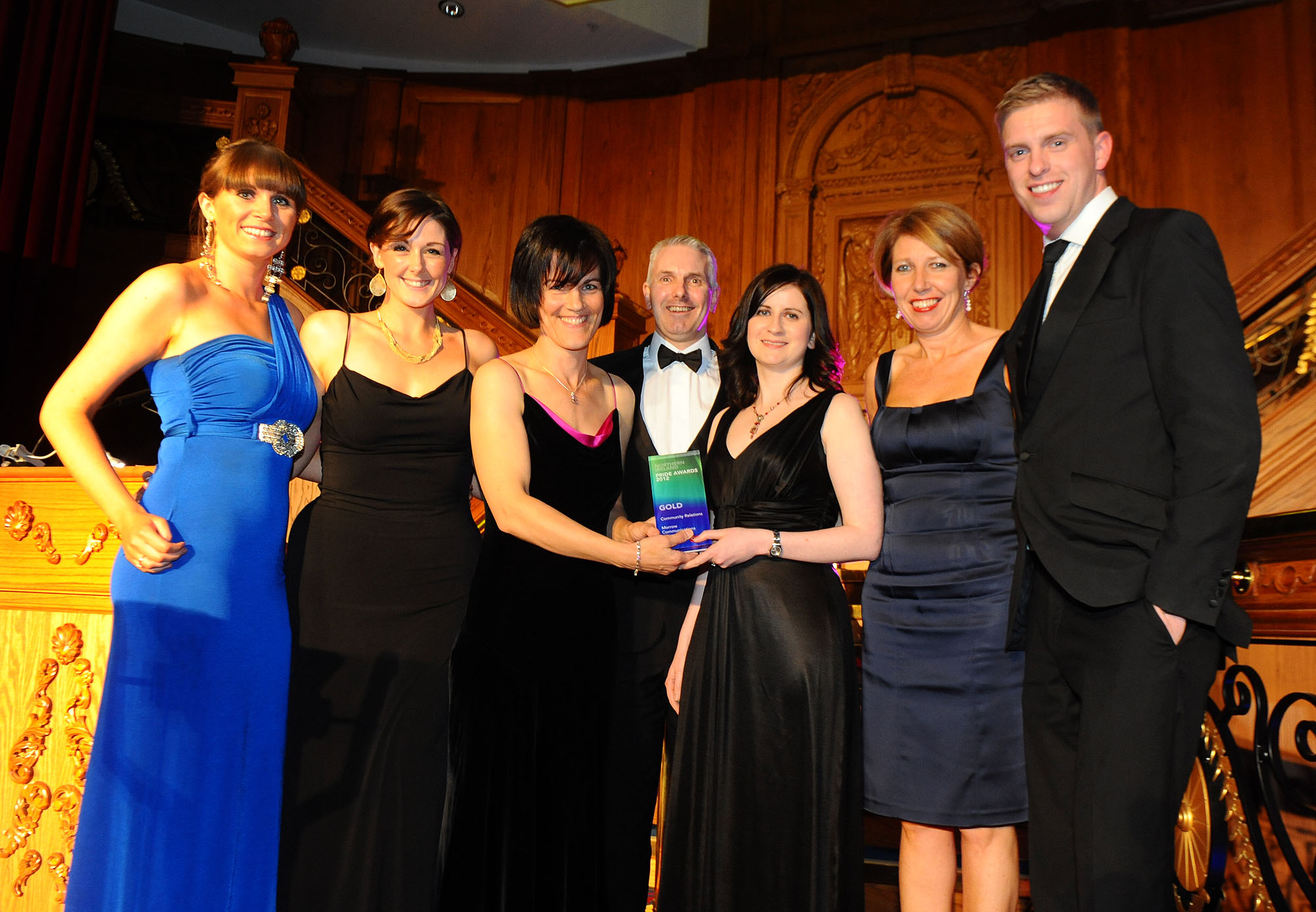 Pictured at the event are Seona McGrath and Kelly McKee, Morrow Communications; Marie Cowan, Project Manager Tellus Border Project, Geological Survey of Northern Ireland; Richard Gaston, Category Sponsor The Lyric Theatre; Mairead Glennon, Assistant Project Manager, Tellus Border Project, Geological Survey of Ireland; Claire Bonner, Morrow Communications and host Marc Mallet of UTV.