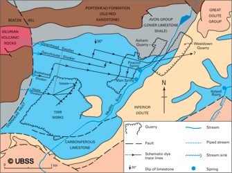 The hydrogeology of the Torr Works to Asham Wood area, showing the movement of groundwater proved by tracer testing using fluorescent dyes. Adapted from University of Bristol Spelaeological Society Proceedings, Vol. 19(1), 1991 (click to enlarge view). 