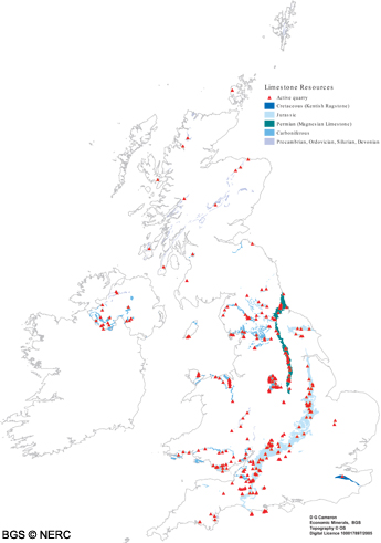 Map of limestone resources in the UK