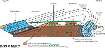 Cross-section from Shipham Gorge to Churchill Gate showing mineral veins (click to enlarge view).