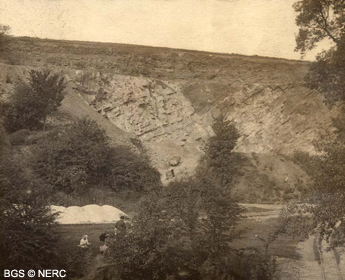 Vallis Vale in 1900. The Jurassic unconformity is clearly seen in the background, along with the narrow gauge railway line used to haul stone to Hapsford.
