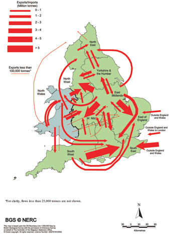 Imports and exports of crushed rock, between the regions of England in 2001.