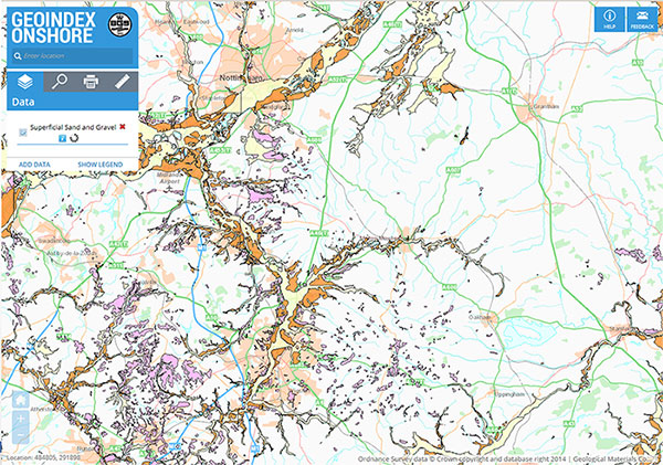 GIS screen image of East Midlands region, BGS©NERC